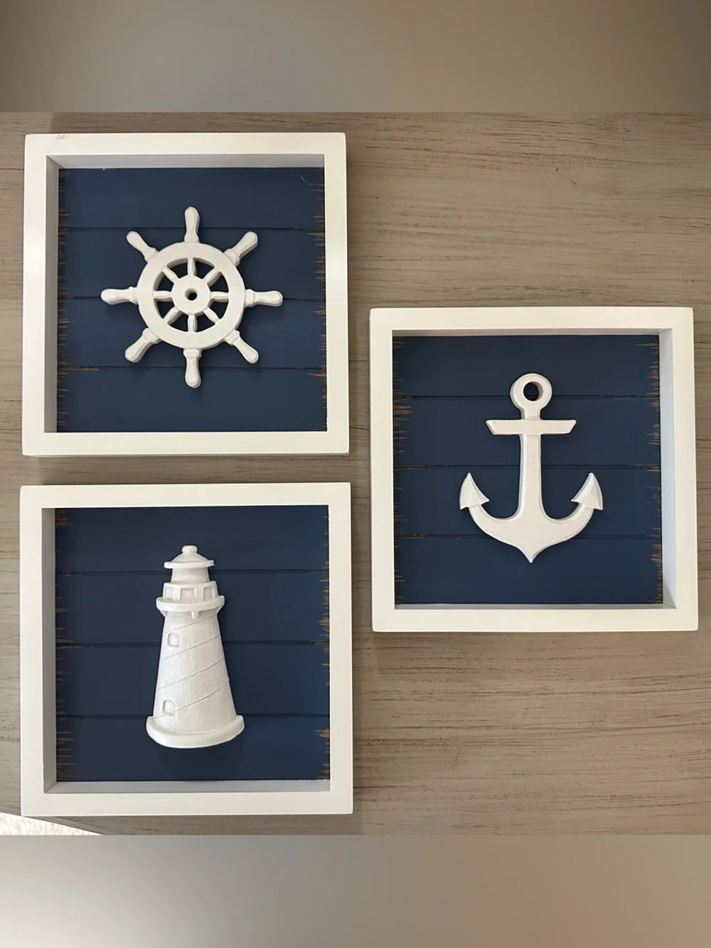 Coastal Nautical Wall Art Set White & Navy Wood White Frames Ready to Hang